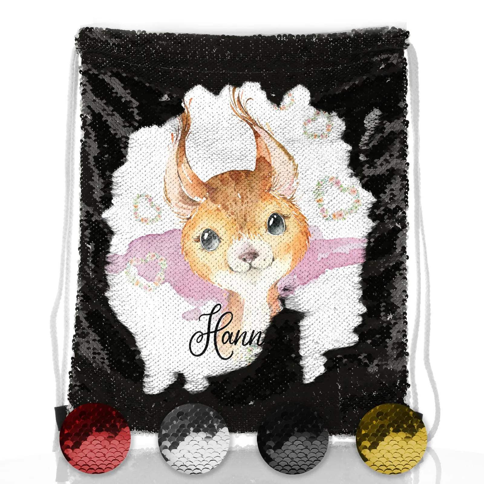 Personalised Sequin Drawstring Backpack with Red squirrel Heart Wreaths and Cute Text