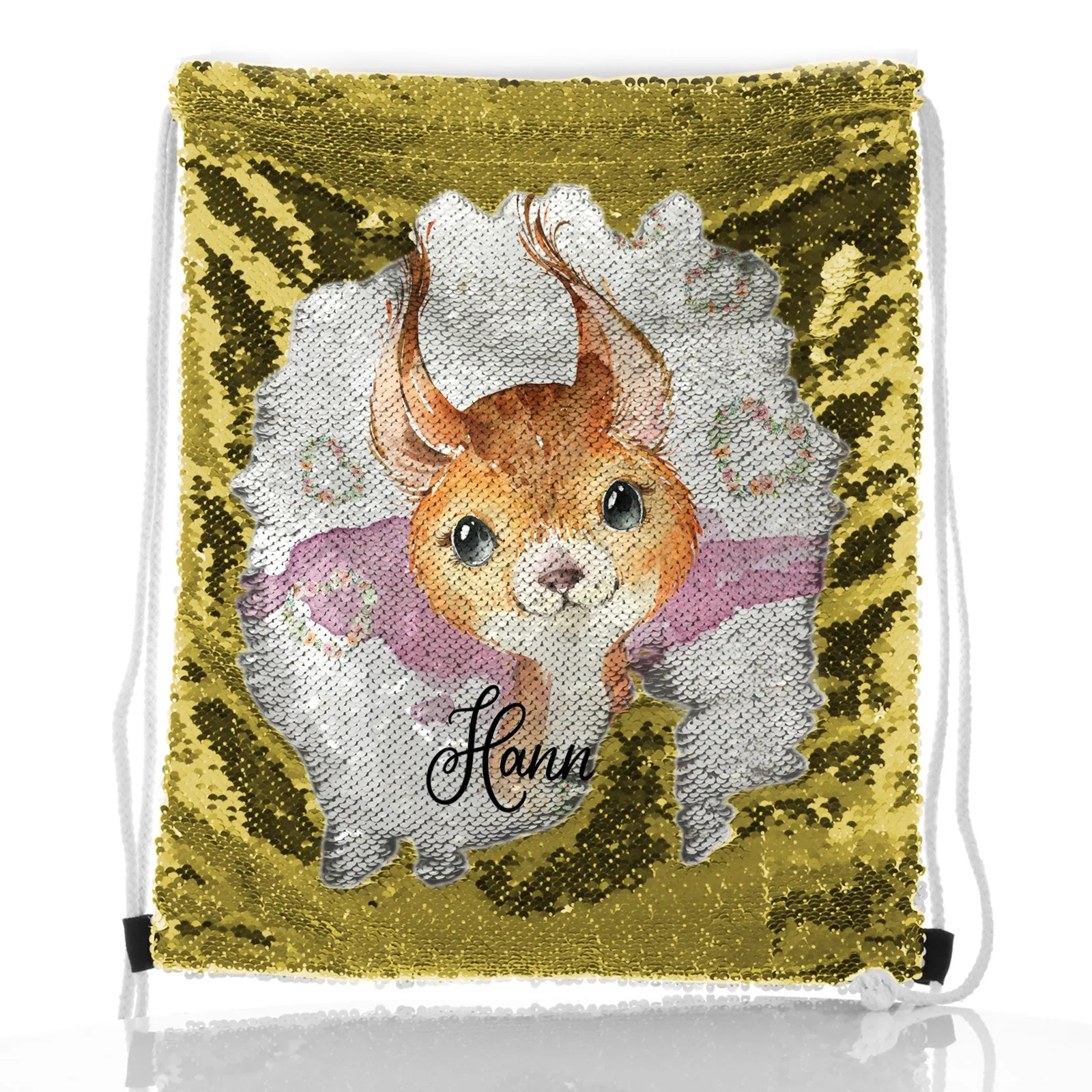 Personalised Sequin Drawstring Backpack with Red squirrel Heart Wreaths and Cute Text