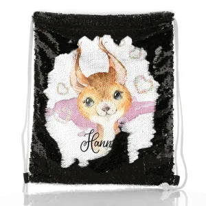 Personalised Sequin Drawstring Backpack with Red squirrel Heart Wreaths and Cute Text