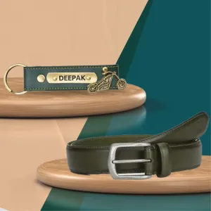Personalized Leather Keychain and Belt for Men's - Green