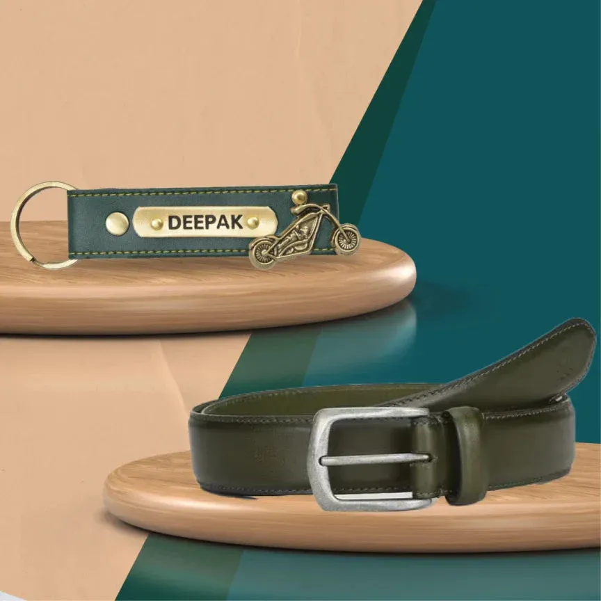 Personalized Leather Keychain and Belt for Men's - Green