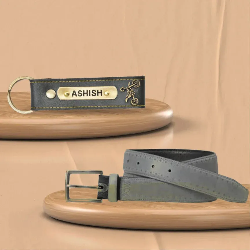 Personalized Leather Keychain and Belt for Men's - Grey