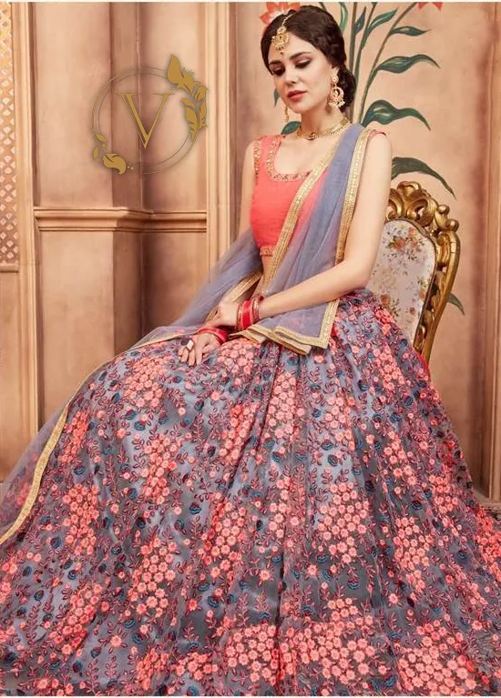 Pink and Blue Designer Lehenga with Dupatta