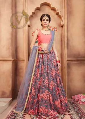 Pink and Blue Designer Lehenga with Dupatta