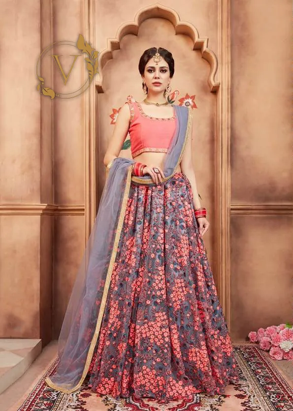 Pink and Blue Designer Lehenga with Dupatta