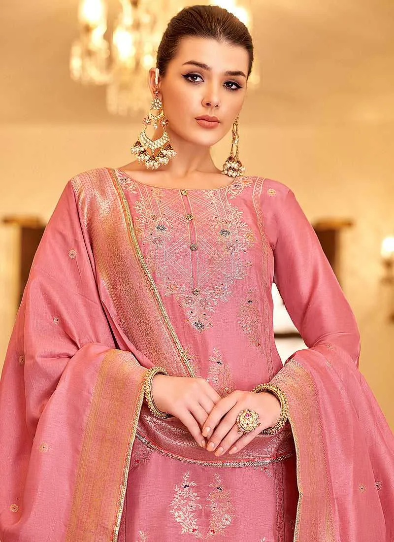 Pink and Gold Designer Embroidered Palazzo Suit
