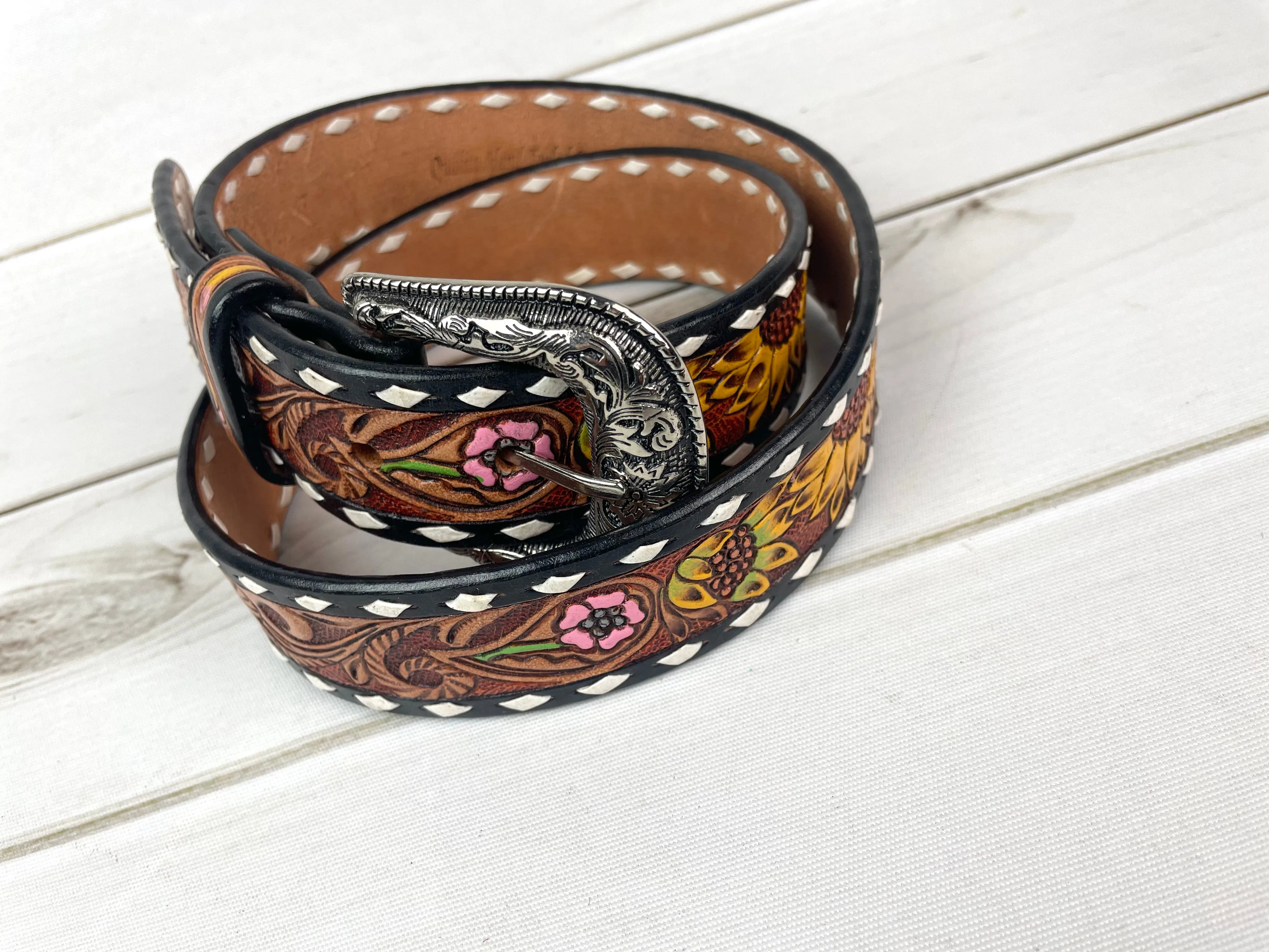 Pink Daisy & Sunflower Tooled Leather Woman’s Belt