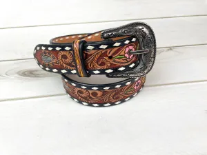 Pink Daisy & Sunflower Tooled Leather Woman’s Belt