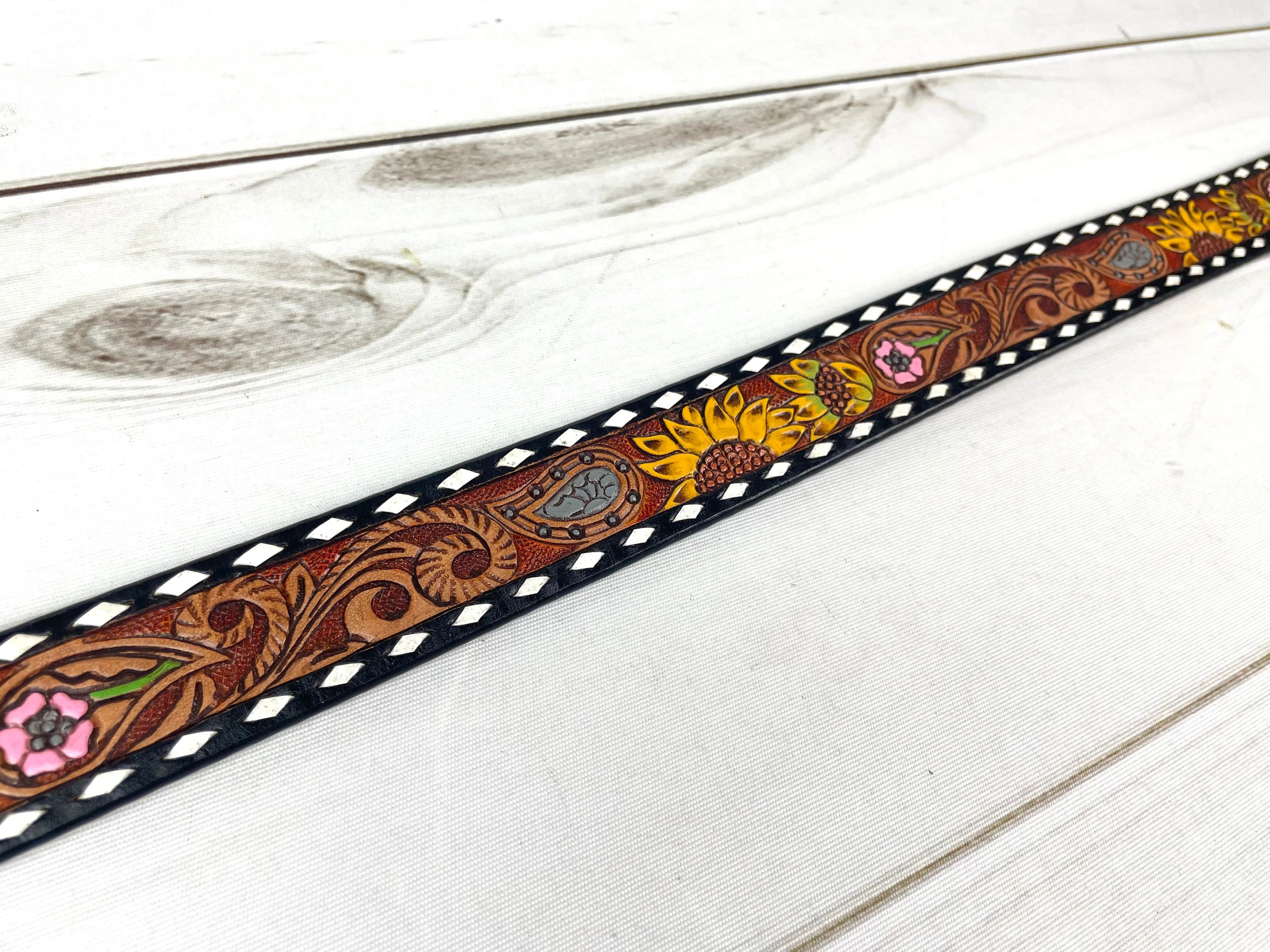 Pink Daisy & Sunflower Tooled Leather Woman’s Belt