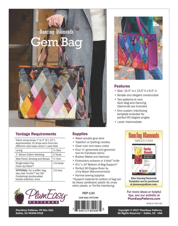 PlumEasy Dancing Diamonds Gem Bag Open Top Tote Handbag Pattern