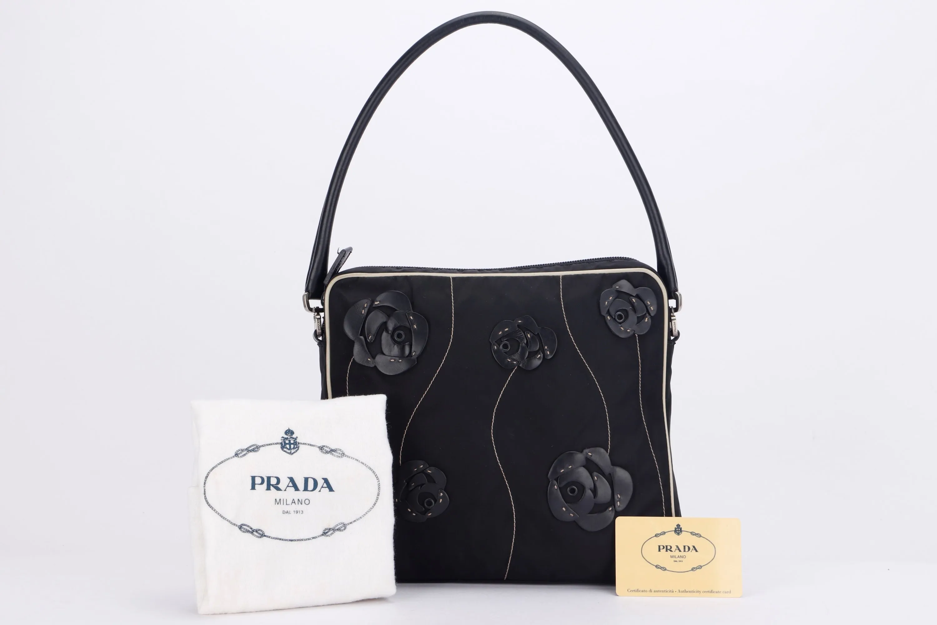 PRADA BR0413 TESSUTO FLORAL HANDBAG NERO BLACK FABRIC, WITH CARD & DUST COVER