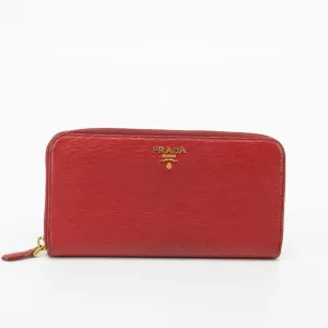 Prada Red Leather Front Logo Zip Around Wallet #1856