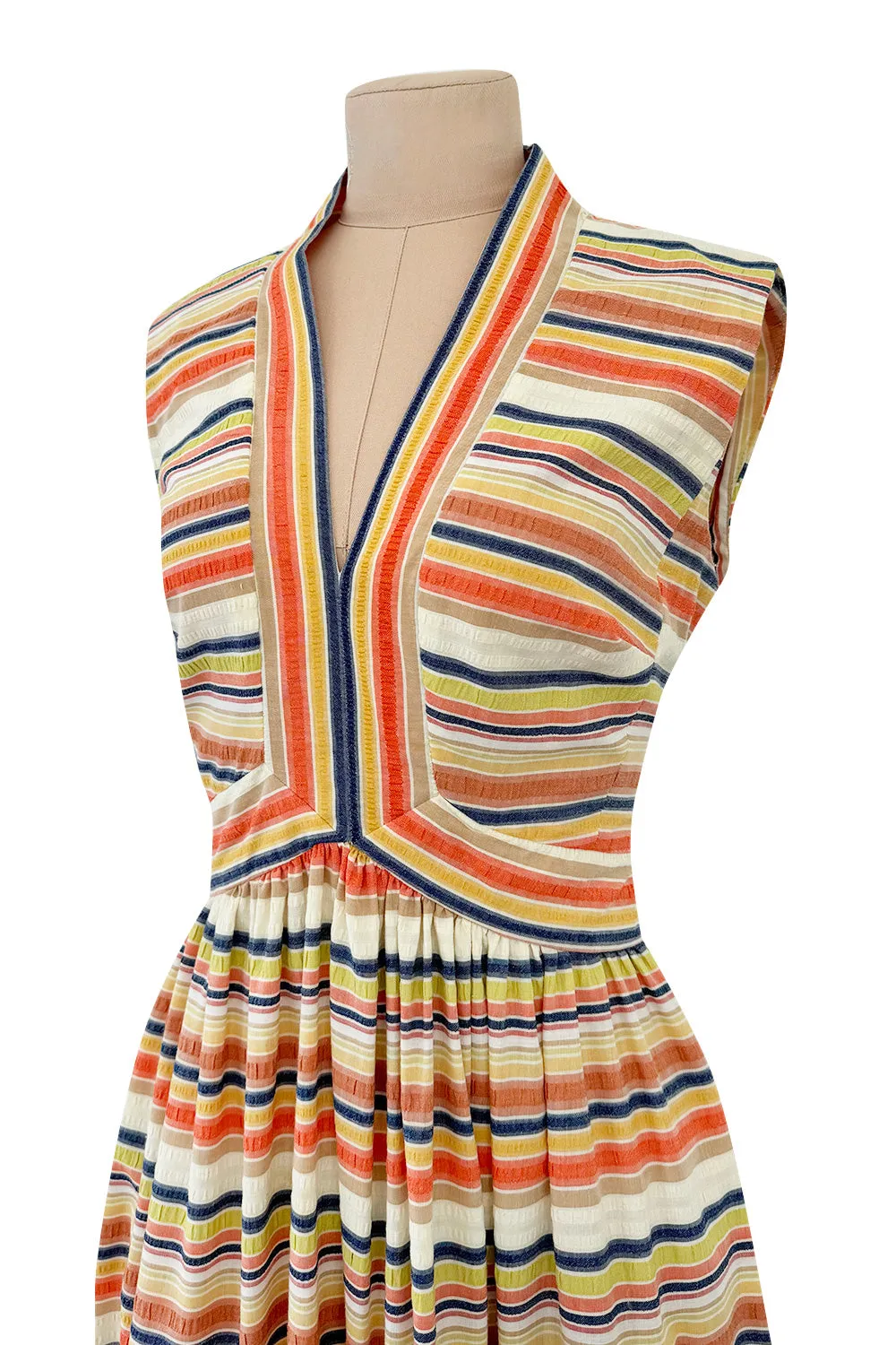 Prettiest 1970s Victor Costa Striped Waffle Weave Cotton Dress w Citrus Coloured Stripes & Full Skirt