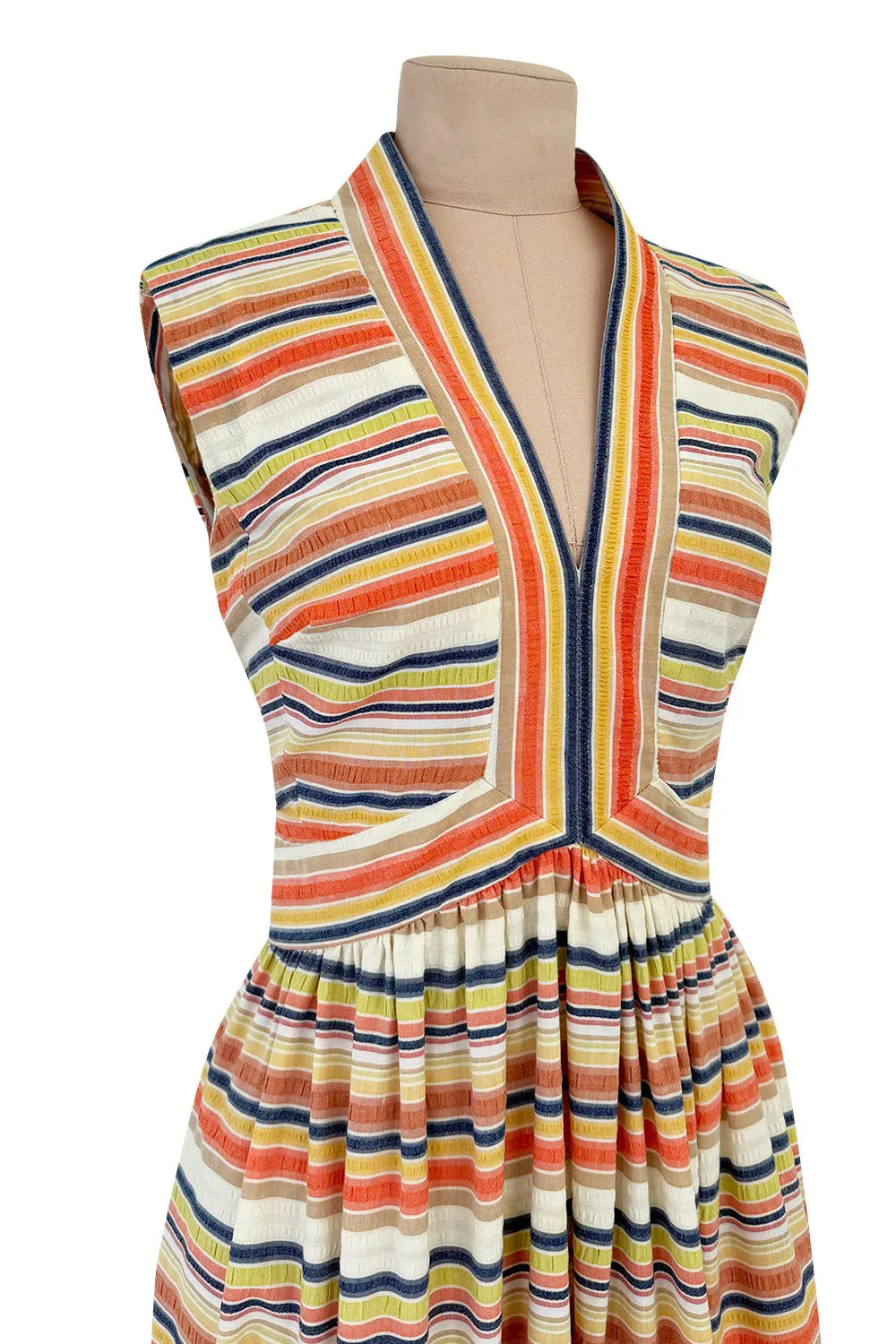 Prettiest 1970s Victor Costa Striped Waffle Weave Cotton Dress w Citrus Coloured Stripes & Full Skirt