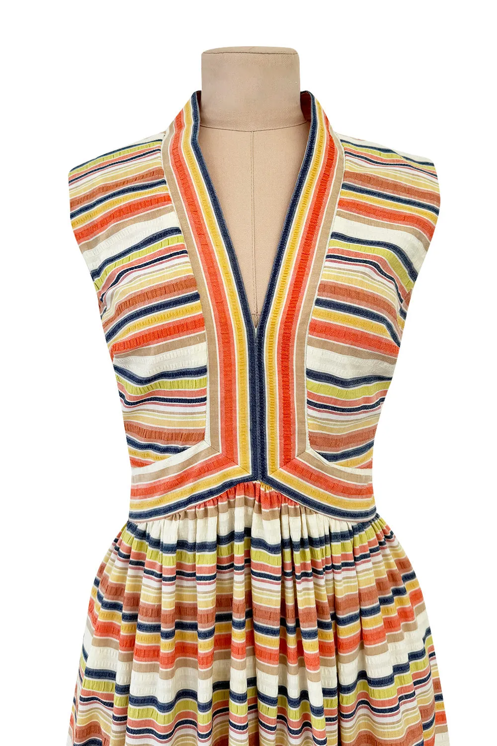 Prettiest 1970s Victor Costa Striped Waffle Weave Cotton Dress w Citrus Coloured Stripes & Full Skirt