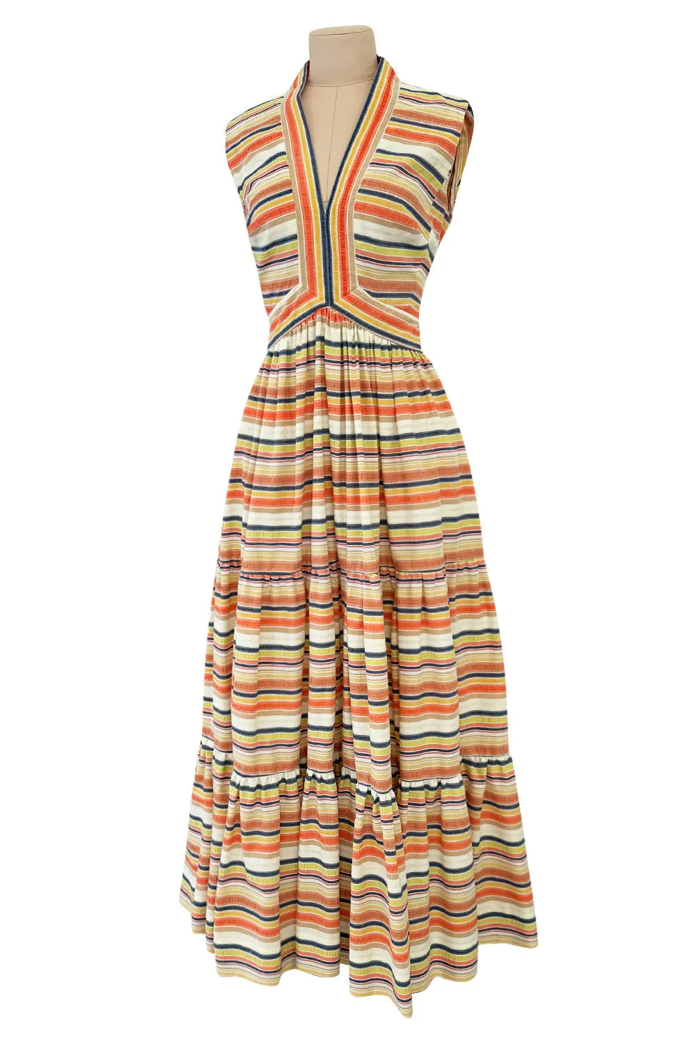 Prettiest 1970s Victor Costa Striped Waffle Weave Cotton Dress w Citrus Coloured Stripes & Full Skirt