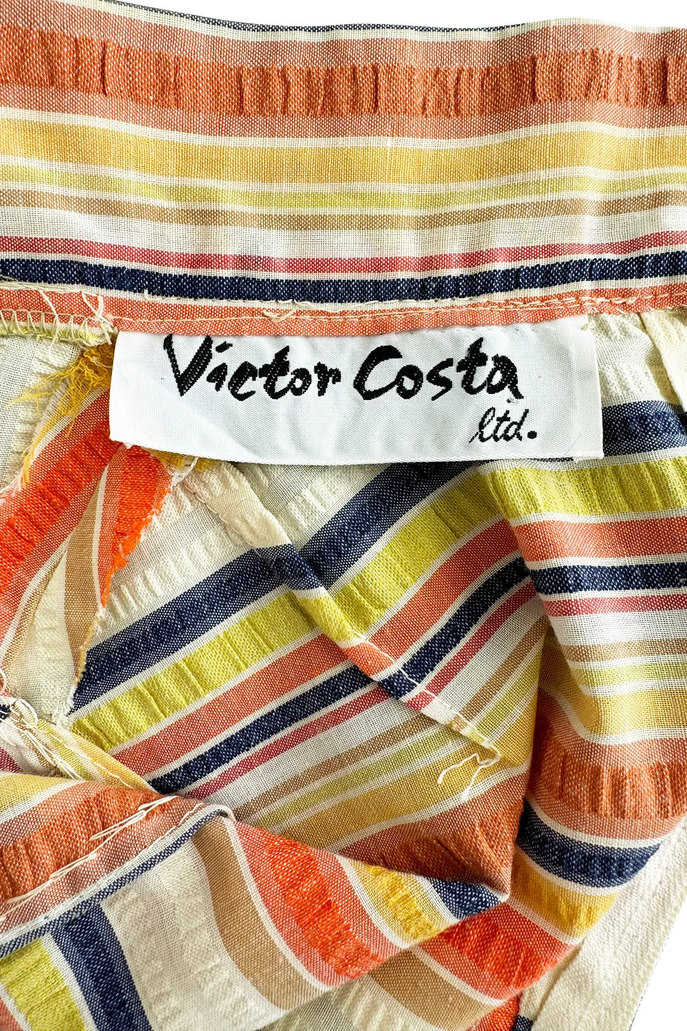 Prettiest 1970s Victor Costa Striped Waffle Weave Cotton Dress w Citrus Coloured Stripes & Full Skirt