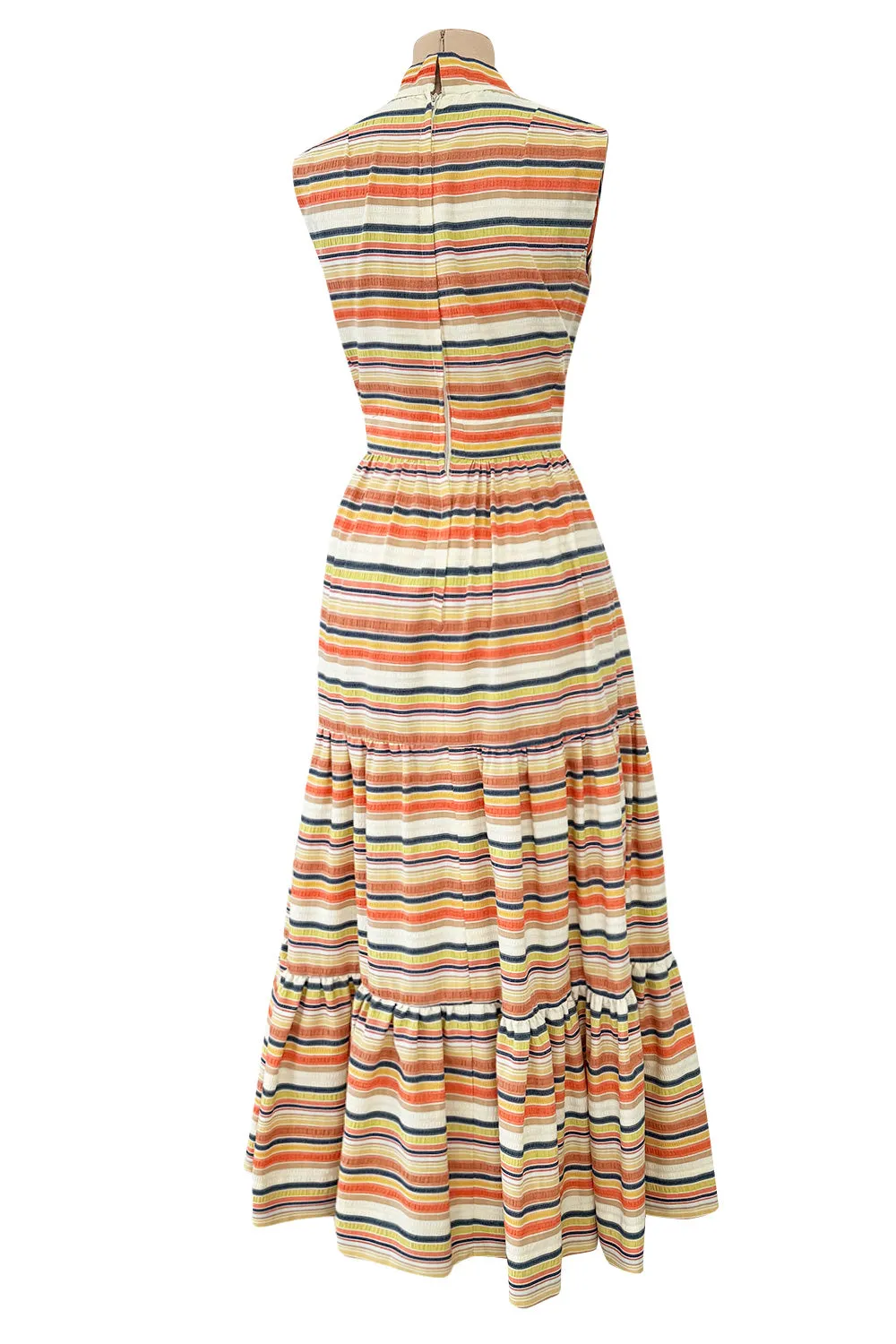 Prettiest 1970s Victor Costa Striped Waffle Weave Cotton Dress w Citrus Coloured Stripes & Full Skirt