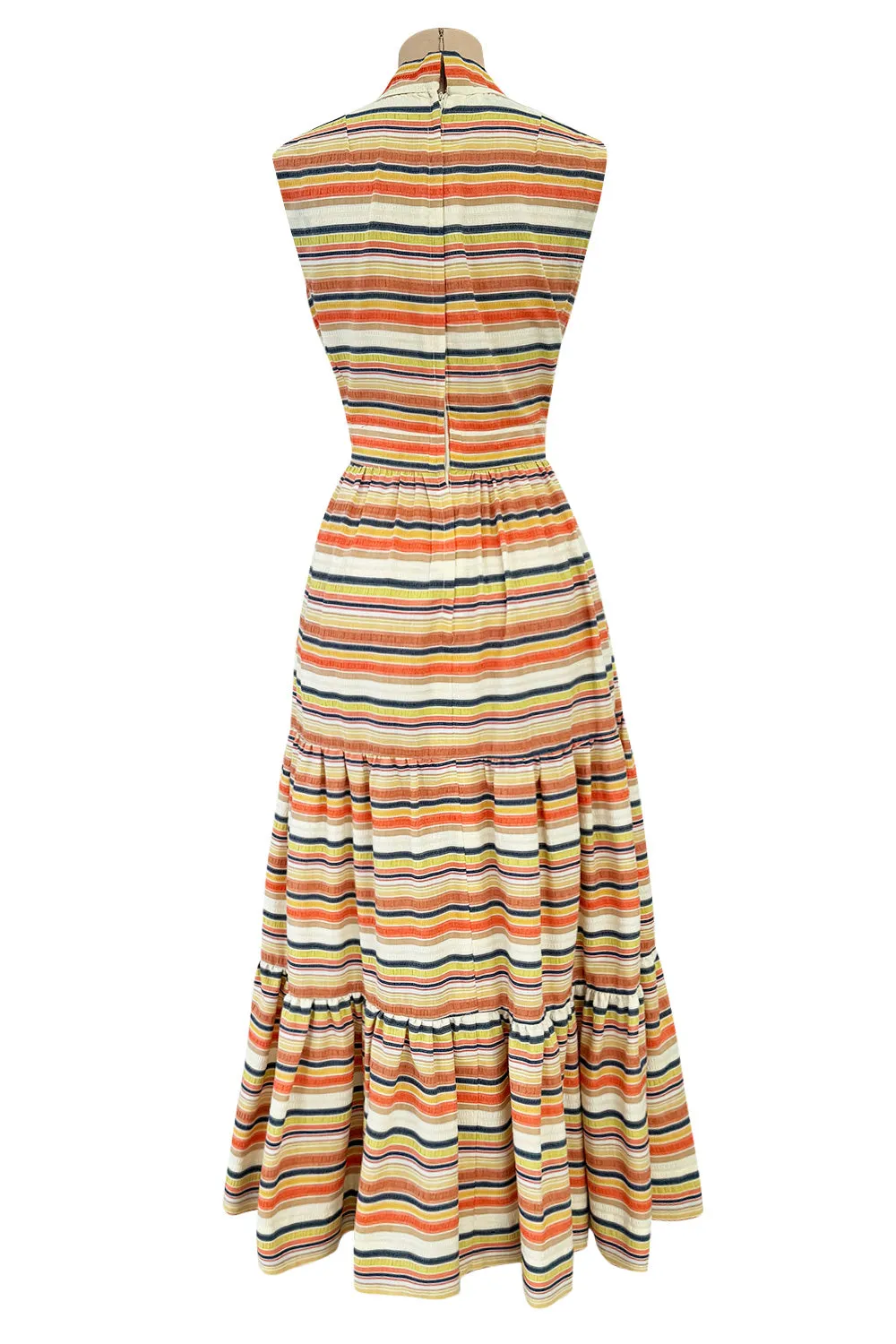 Prettiest 1970s Victor Costa Striped Waffle Weave Cotton Dress w Citrus Coloured Stripes & Full Skirt