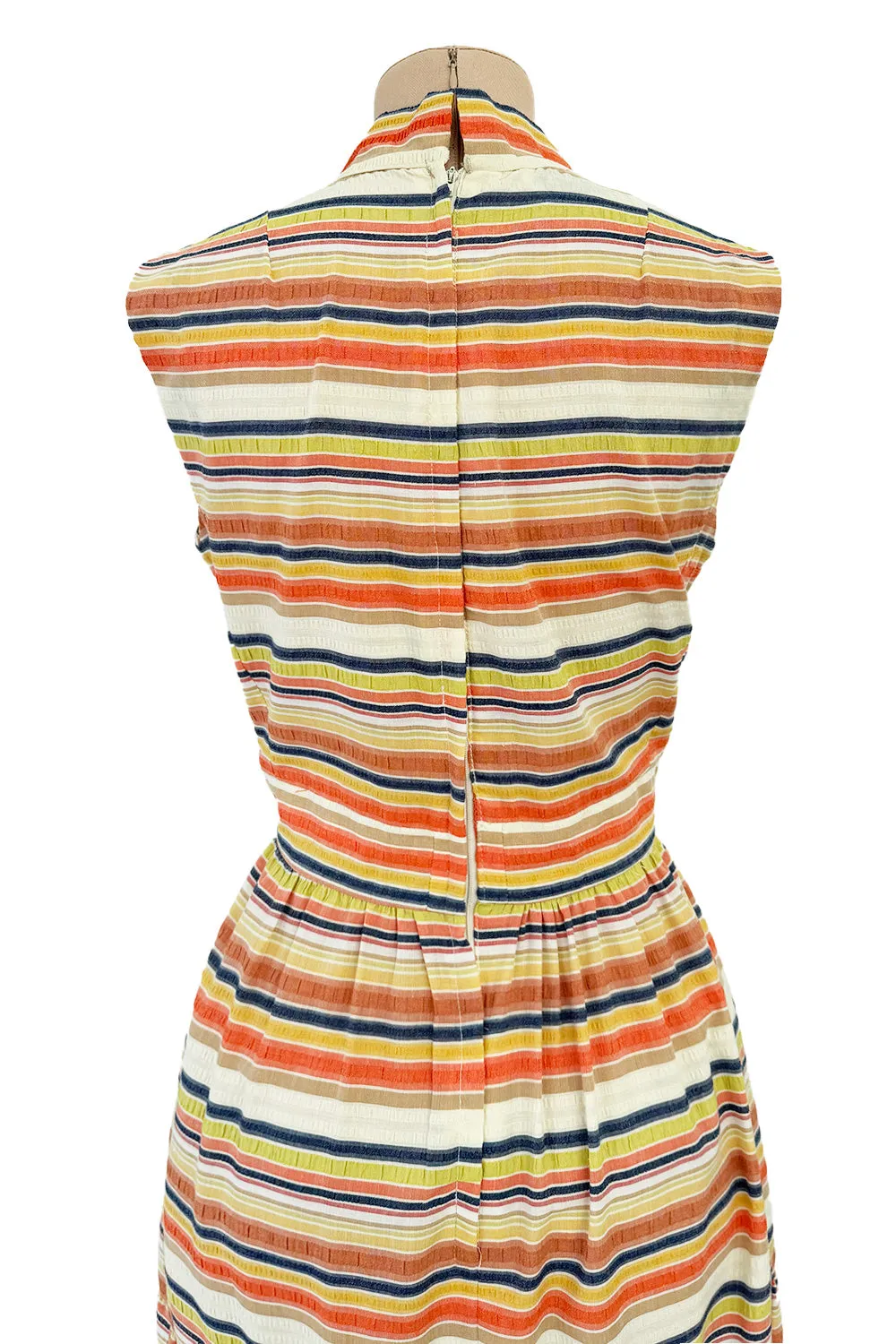 Prettiest 1970s Victor Costa Striped Waffle Weave Cotton Dress w Citrus Coloured Stripes & Full Skirt