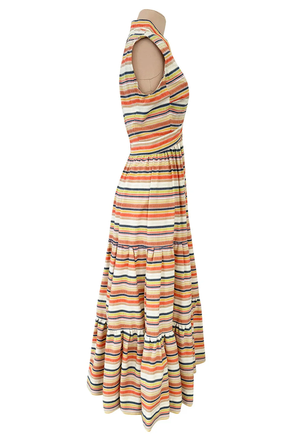 Prettiest 1970s Victor Costa Striped Waffle Weave Cotton Dress w Citrus Coloured Stripes & Full Skirt