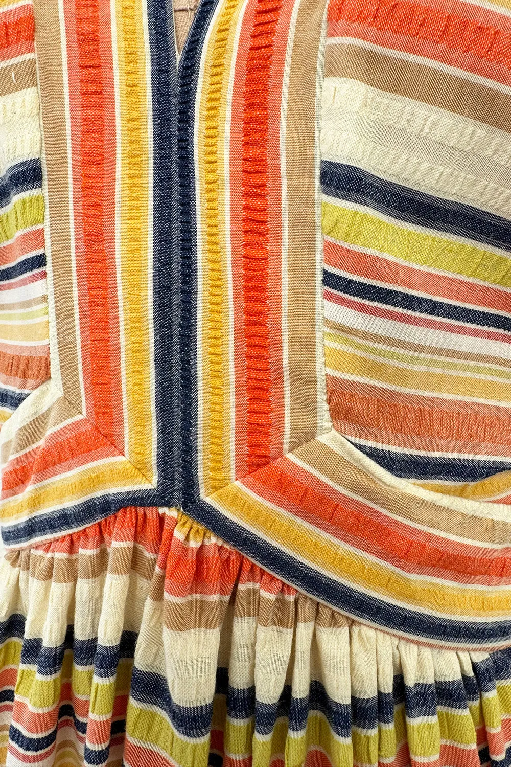 Prettiest 1970s Victor Costa Striped Waffle Weave Cotton Dress w Citrus Coloured Stripes & Full Skirt