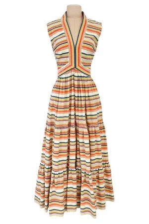Prettiest 1970s Victor Costa Striped Waffle Weave Cotton Dress w Citrus Coloured Stripes & Full Skirt