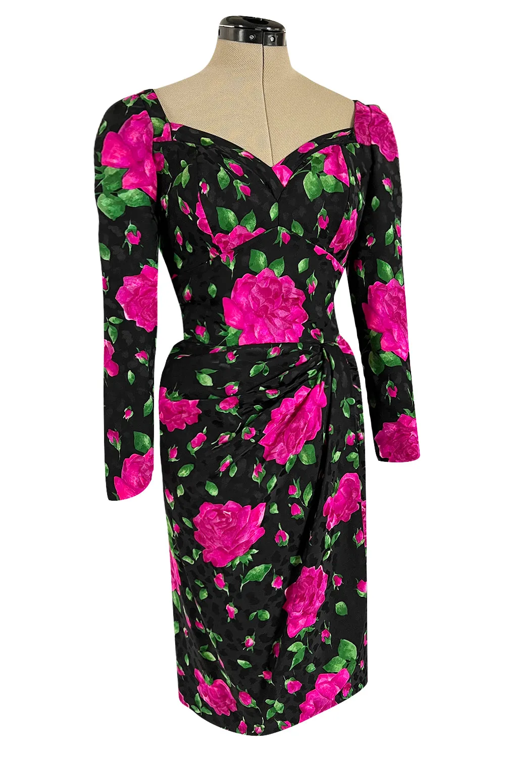 Prettiest 1980s Vicky Tiel Couture Hourglass Bright Pink Floral Print Silk Dress