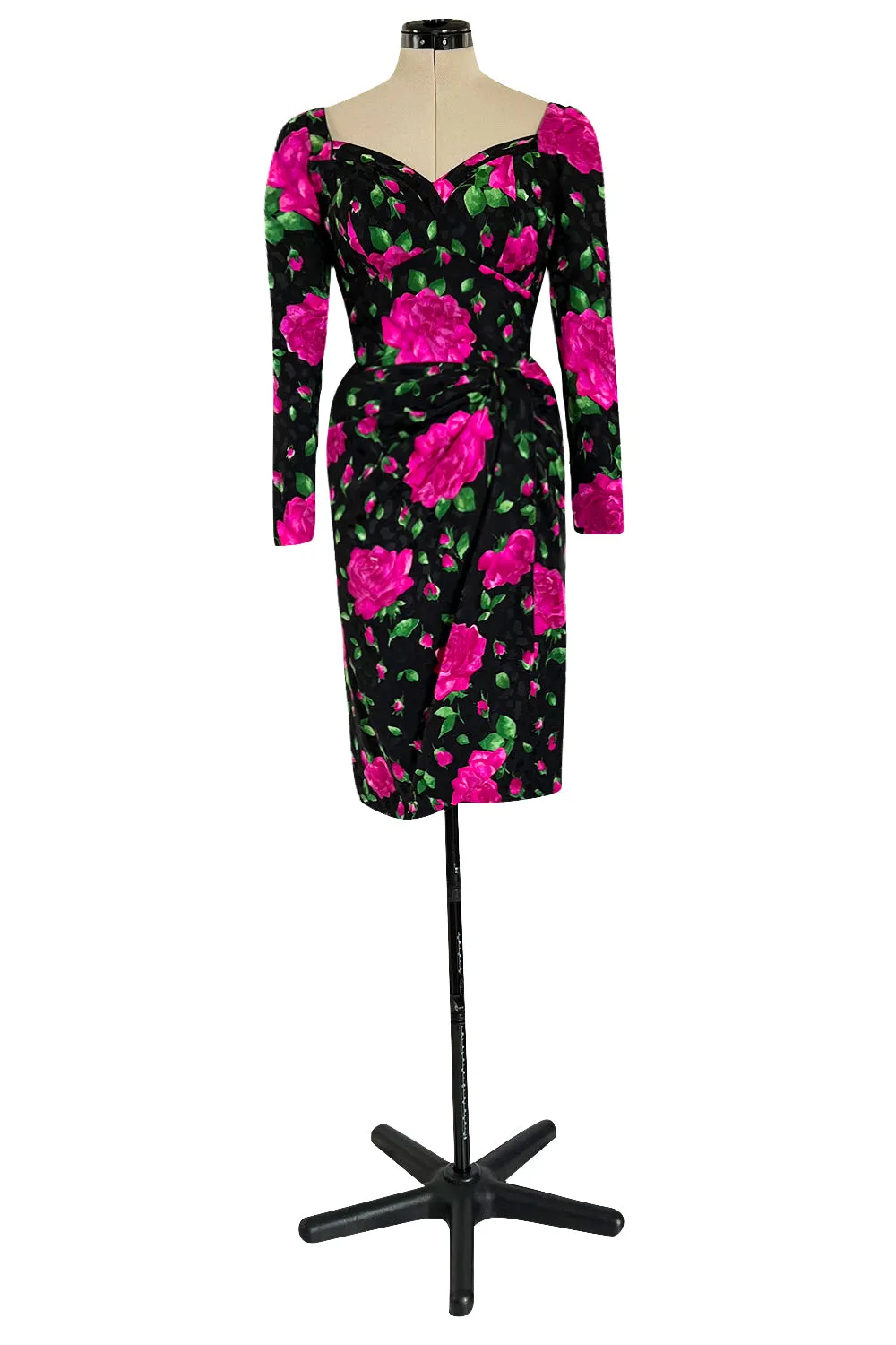 Prettiest 1980s Vicky Tiel Couture Hourglass Bright Pink Floral Print Silk Dress