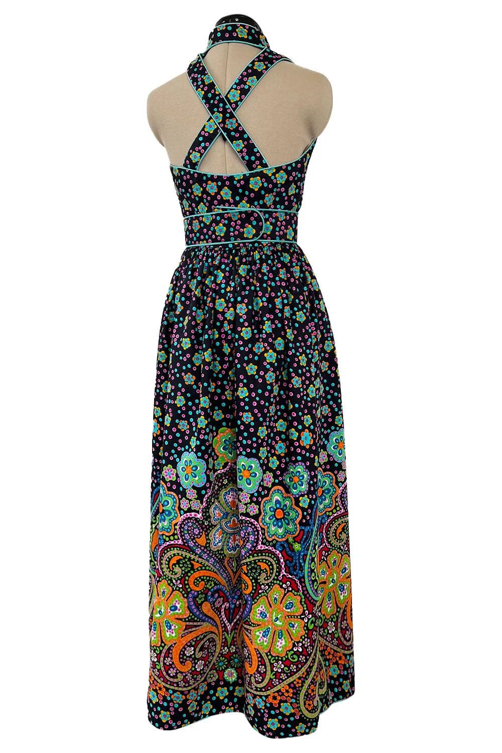 Prettiest Early 1970s Oscar de la Renta Floral Printed Halter Dress w Crossed Strap Open Back