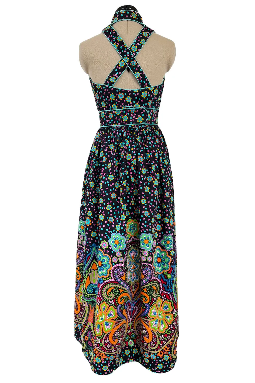Prettiest Early 1970s Oscar de la Renta Floral Printed Halter Dress w Crossed Strap Open Back