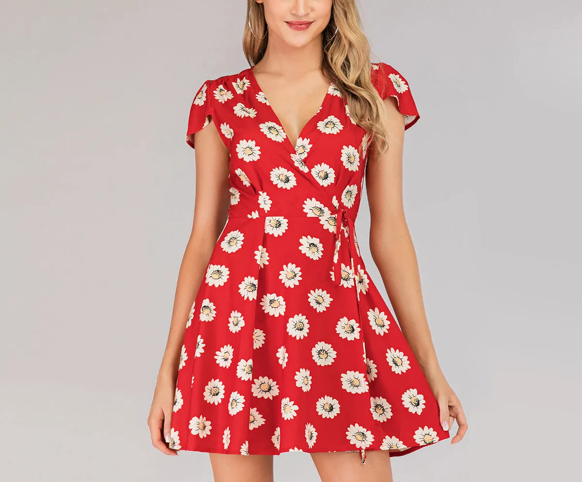 Printed V-neck Short-sleeved Dress