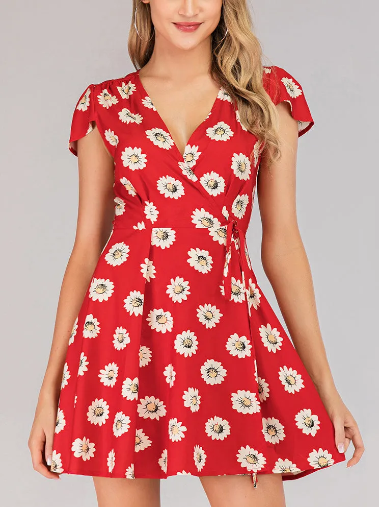 Printed V-neck Short-sleeved Dress