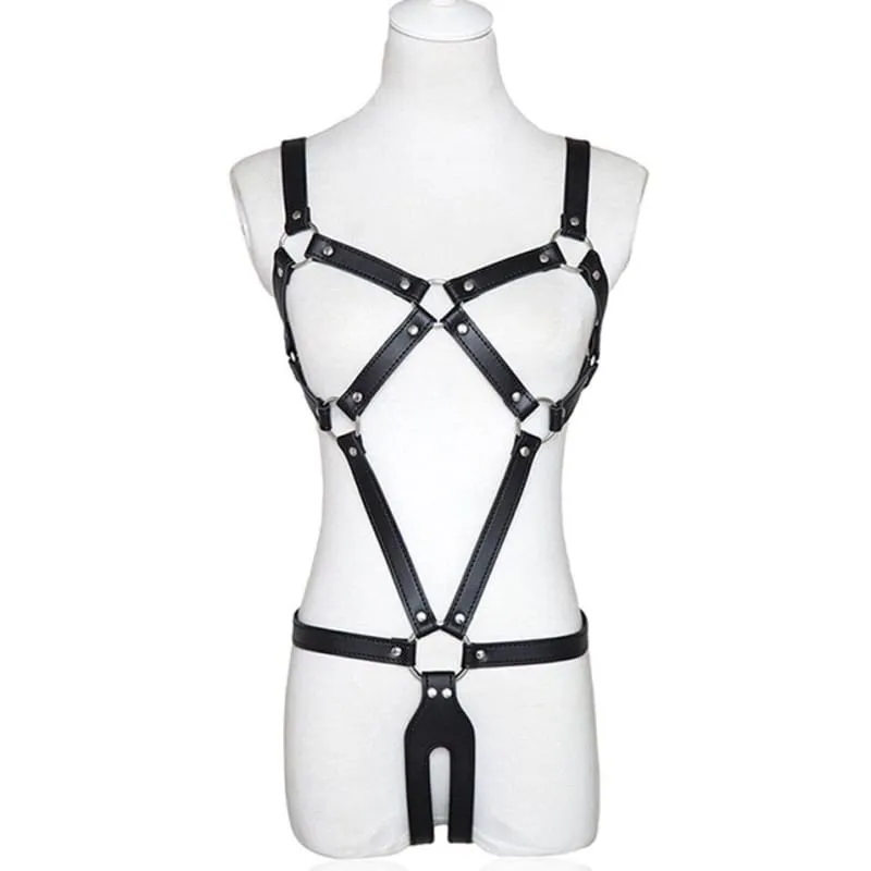 PU Leather Full Body Bondage Exposed Breast Harness Bra BDSM Chastity Belt