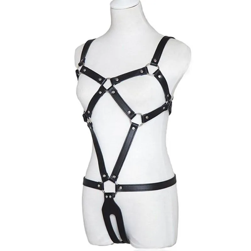 PU Leather Full Body Bondage Exposed Breast Harness Bra BDSM Chastity Belt