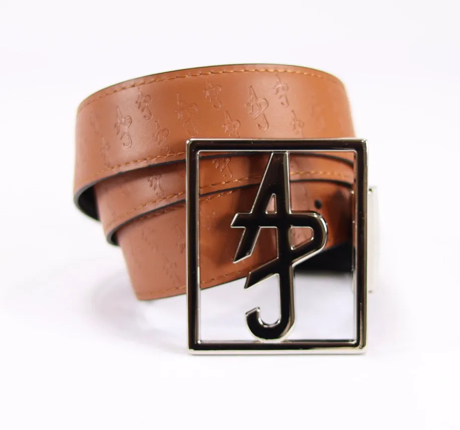 "ADJ" Logo Black/Camel Reversible Leather Belt