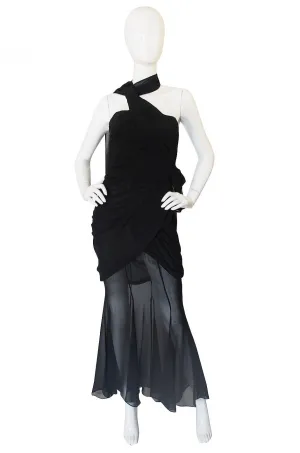 Rare 1980s Thierry Mugler One Shoulder Silk & Sheer Dress