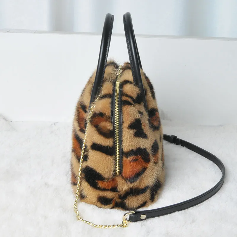 Real Mink Fur Designer Leopard Print Handbag Mini Shell Bag Messenger Packet for Girls 7999