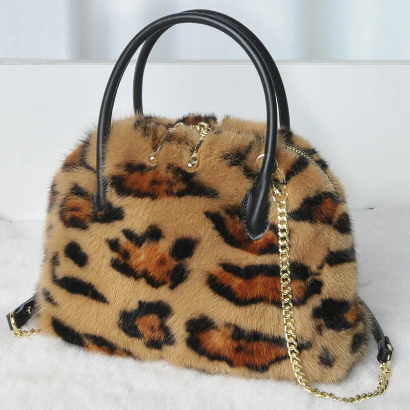 Real Mink Fur Designer Leopard Print Handbag Mini Shell Bag Messenger Packet for Girls 7999