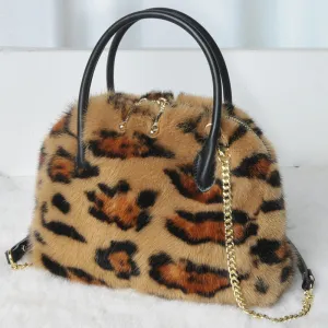 Real Mink Fur Designer Leopard Print Handbag Mini Shell Bag Messenger Packet for Girls 7999