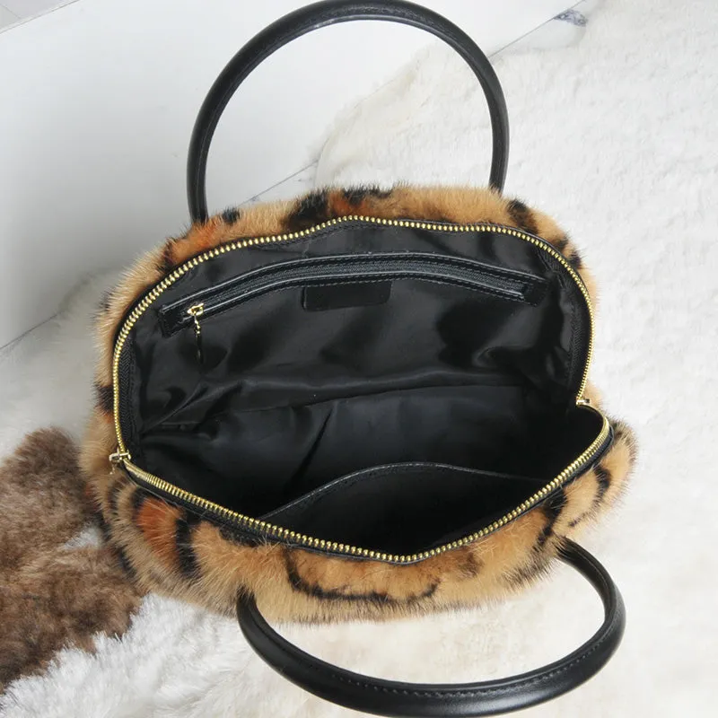 Real Mink Fur Designer Leopard Print Handbag Mini Shell Bag Messenger Packet for Girls 7999