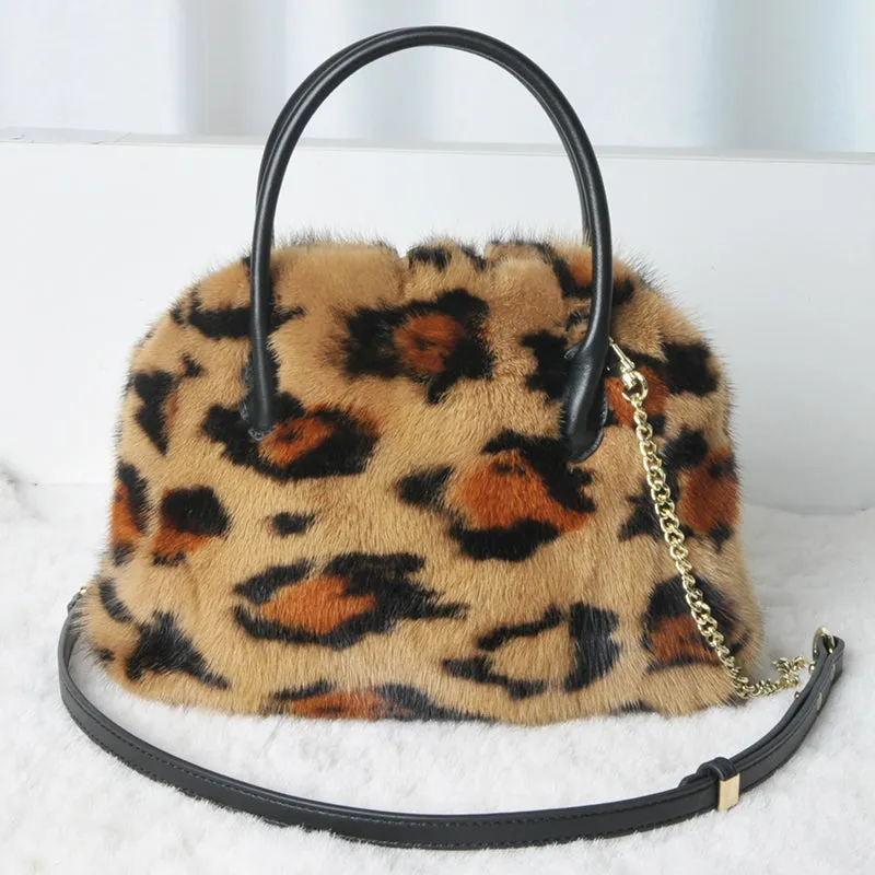 Real Mink Fur Designer Leopard Print Handbag Mini Shell Bag Messenger Packet for Girls 7999