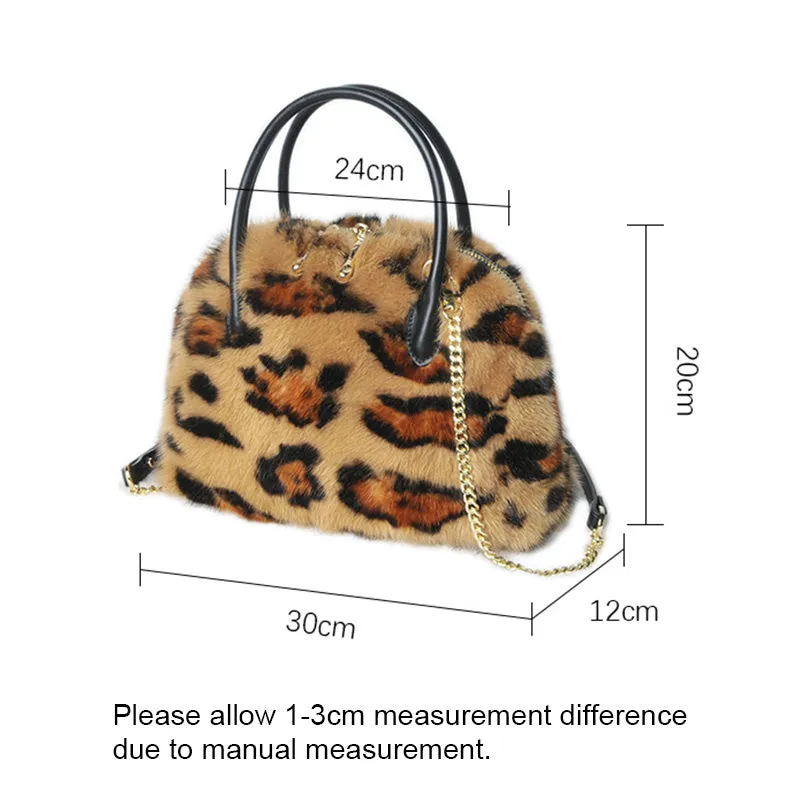 Real Mink Fur Designer Leopard Print Handbag Mini Shell Bag Messenger Packet for Girls 7999