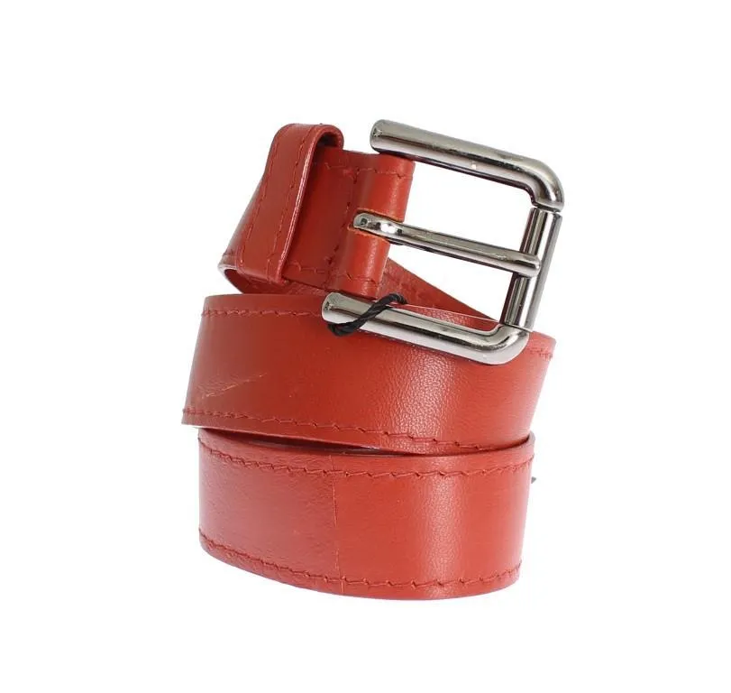 Red Leather Silver Buckle Logo Belt