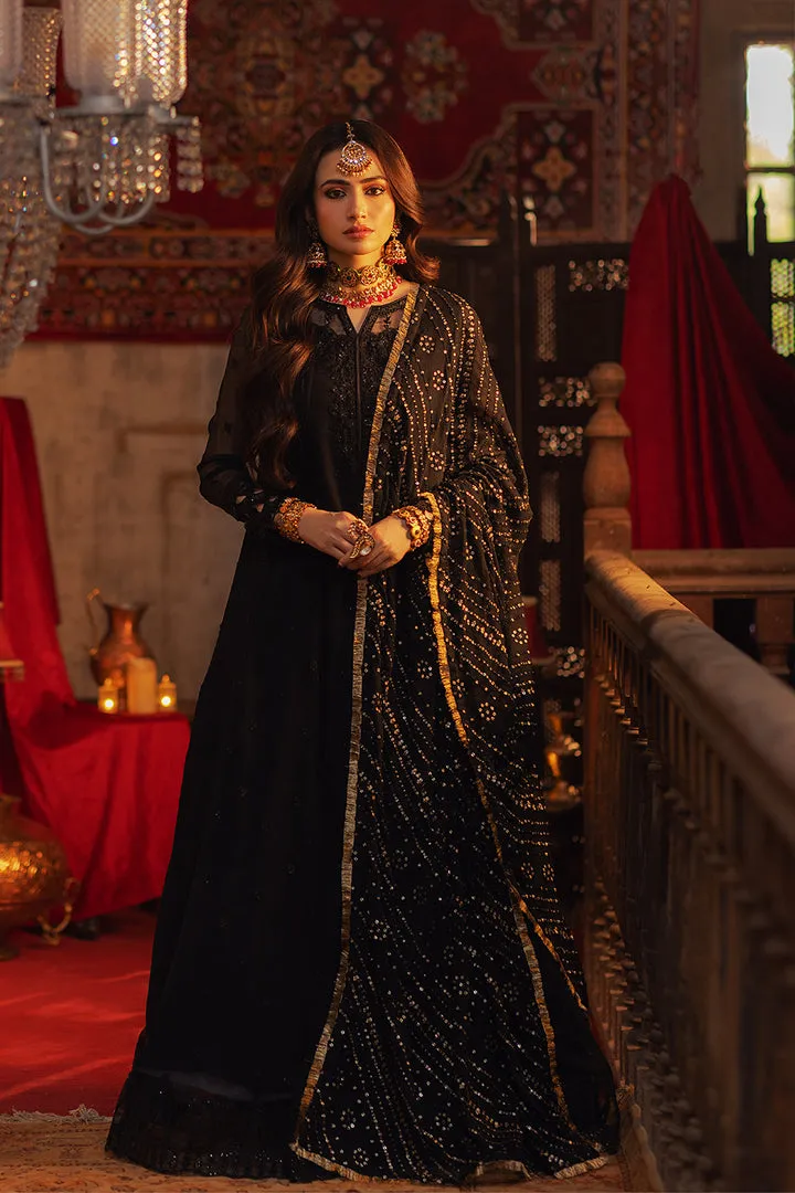 Regal Black Embroidered Pakistani Party Wear Dupatta Long Frock Style