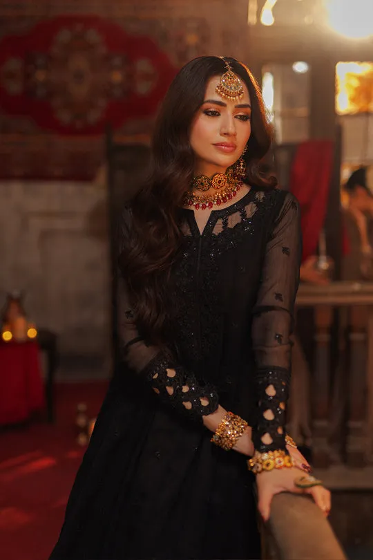 Regal Black Embroidered Pakistani Party Wear Dupatta Long Frock Style