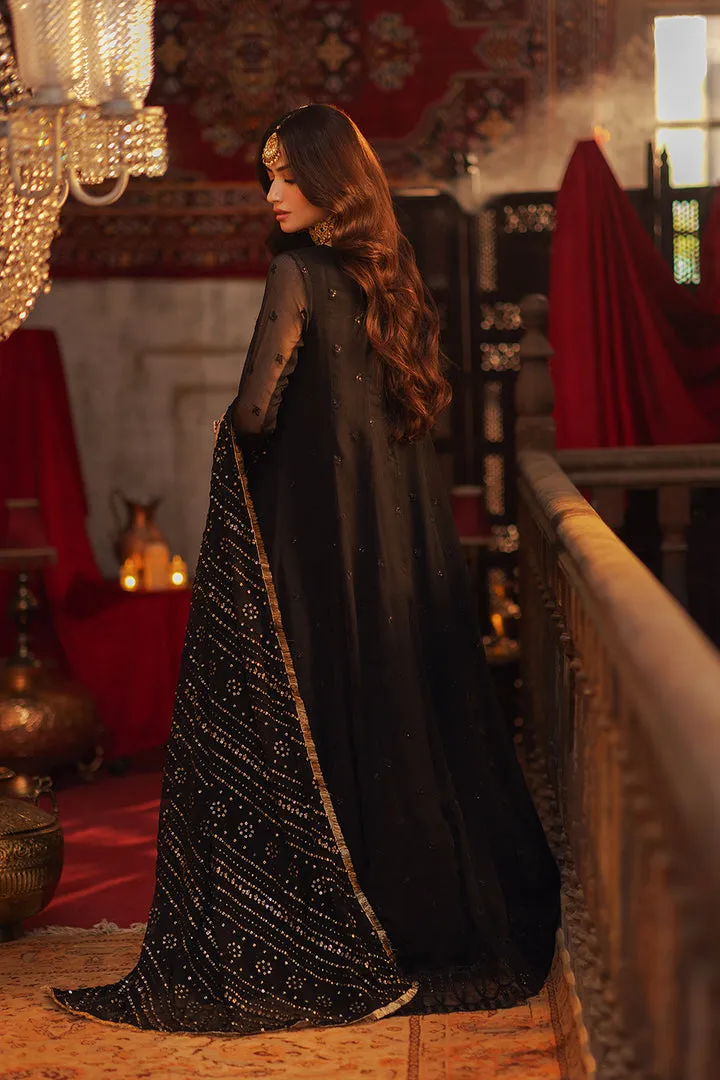 Regal Black Embroidered Pakistani Party Wear Dupatta Long Frock Style