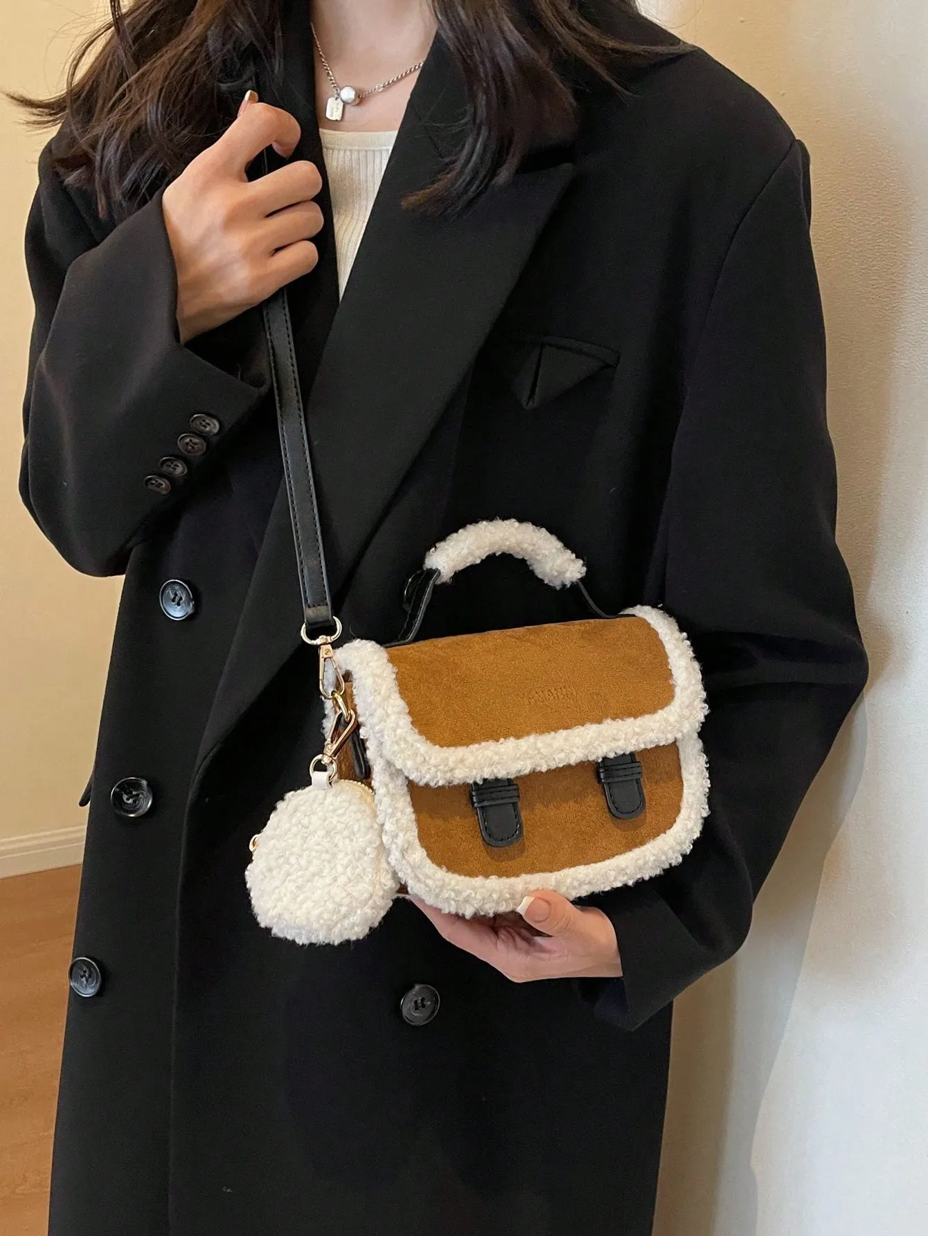 Retro Brown Suede Fluffy Trim Mini Tote Handbag- FD ⚡