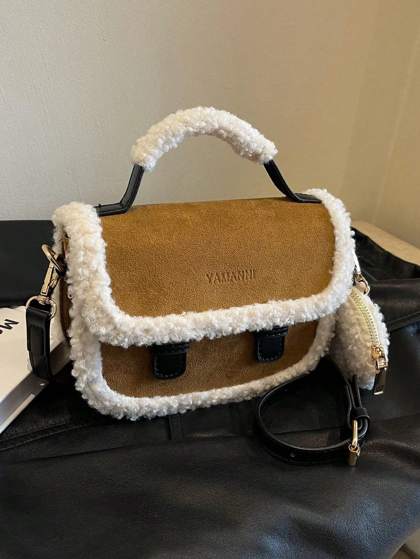Retro Brown Suede Fluffy Trim Mini Tote Handbag- FD ⚡