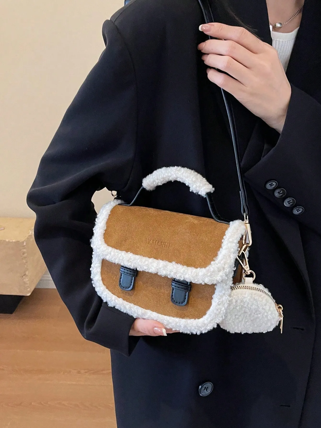 Retro Brown Suede Fluffy Trim Mini Tote Handbag- FD ⚡